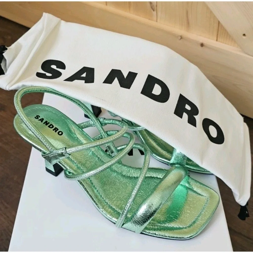 SANDRO Women's Noelis‎ Metallic Pale Green Slingback Heeled Sandals. Size 36